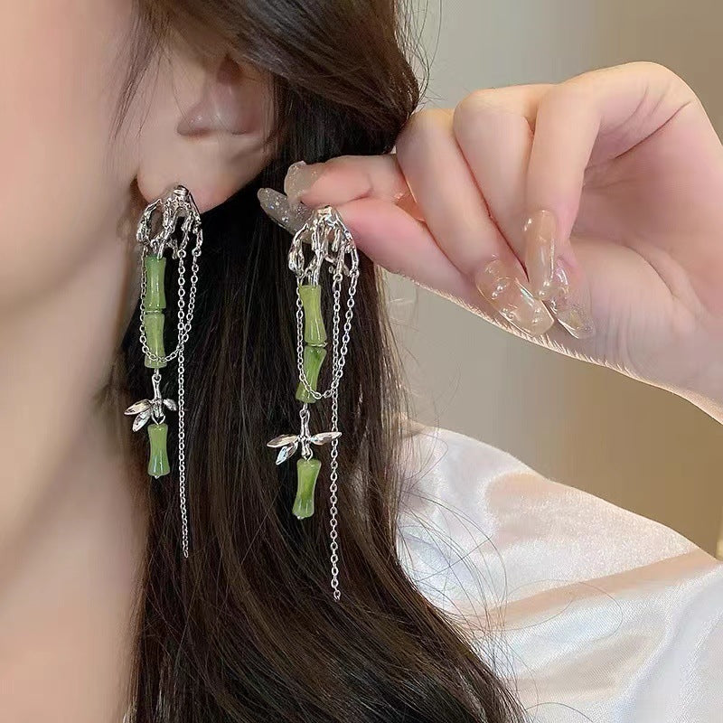 New Chinese style green bamboo tassel long earrings with niche design